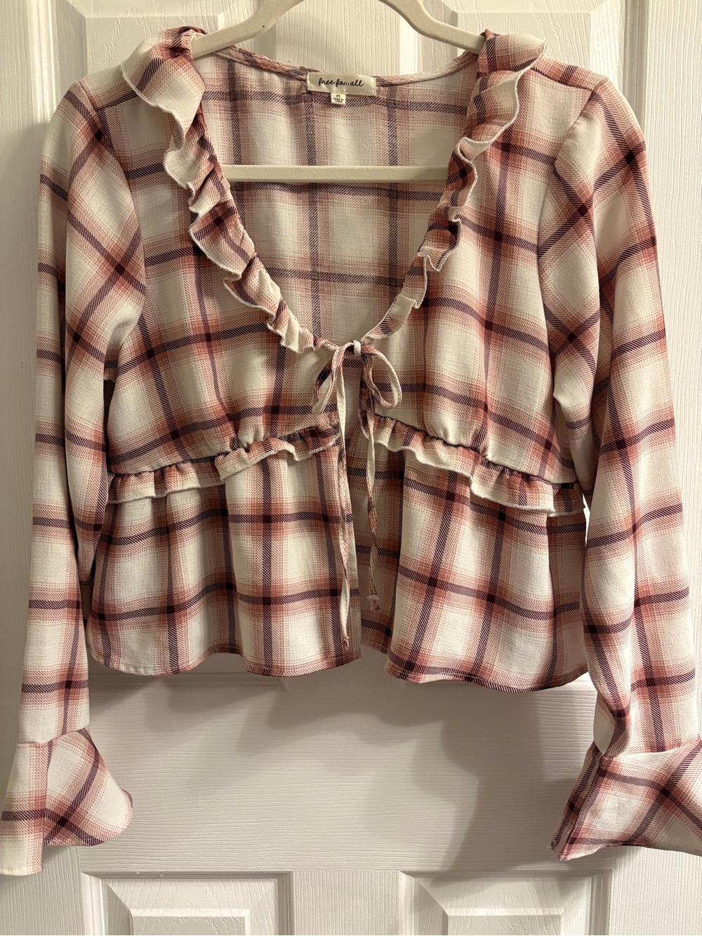Free for All Cream & Pink Plaid Ruffle Tie-Front Blouse #0379
